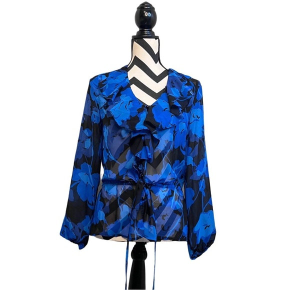 Caché Sheer Dark Floral Ruffle Career Sz S Button Down Front Blouse - Picture 1 of 11